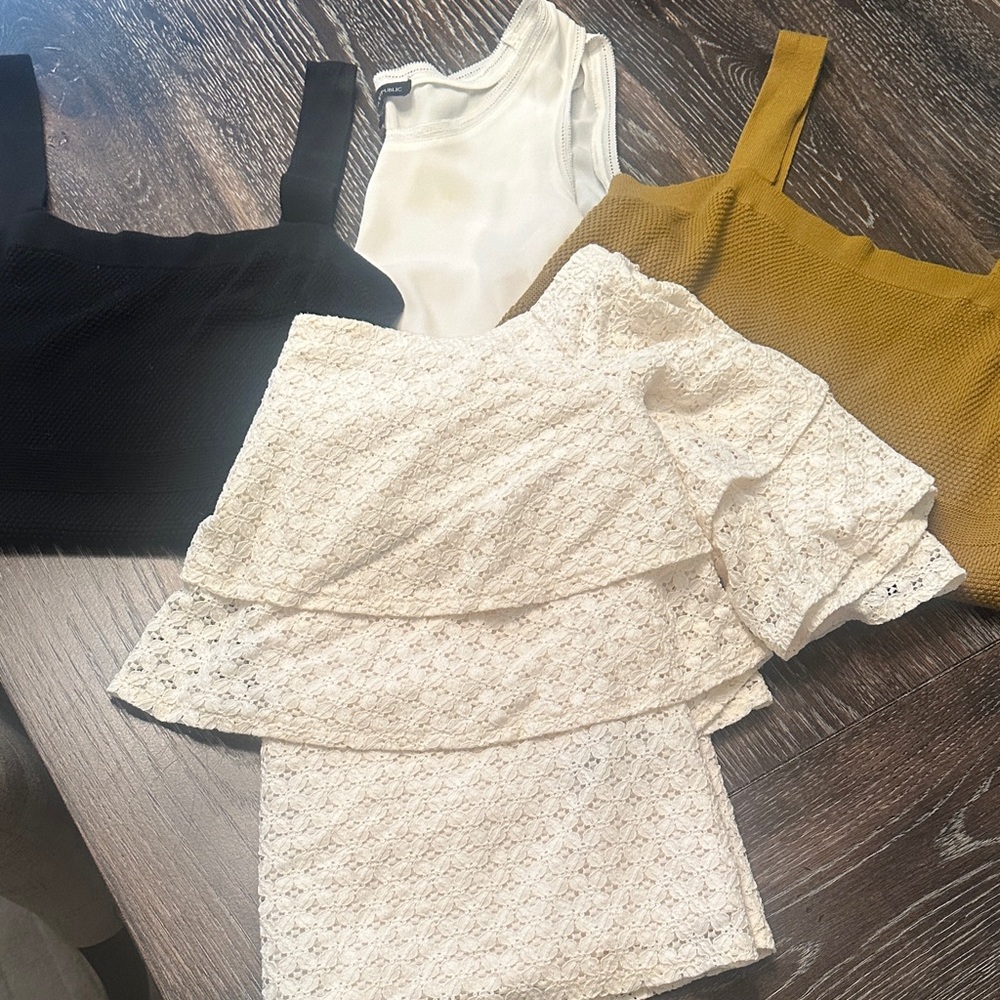Four Banana Republic Women's Tops - Black, White, Mustard